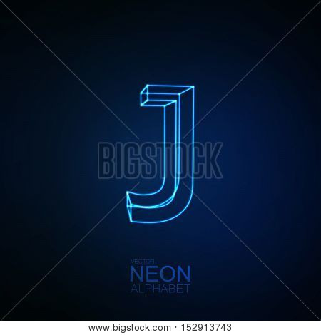 Neon 3D letter J. Typographic element. Part of glow neon alphabet. Vector illustration