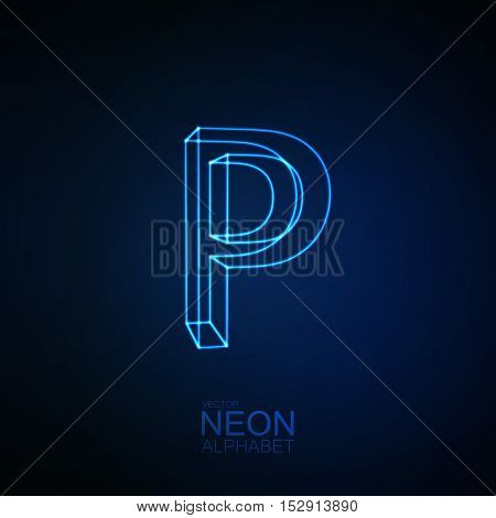 Neon 3D letter P. Typographic element. Part of glow neon alphabet. Vector illustration