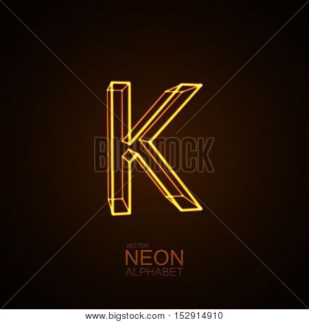 Neon 3D letter K. Typographic vector element for design. Part of glow neon alphabet. Vector illustration