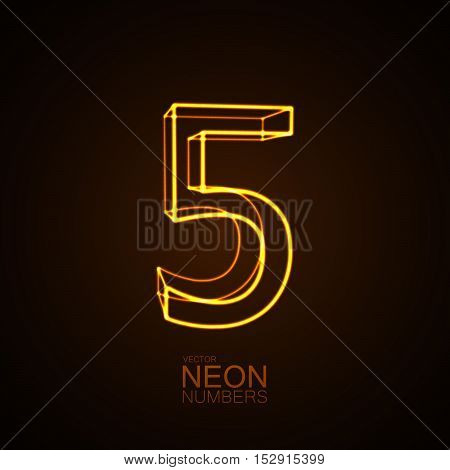 Neon 3D number 5. Typographic vector element for design. Part of glow neon alphabet. Digit five. Vector illustration