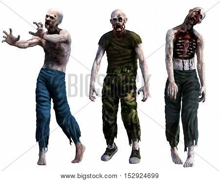Three attacking bloody horror zombies 3D illustration
