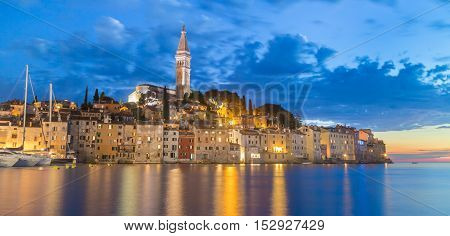 Coastal town of Rovinj, Istria, Croatia in sunset. Romantic Rovinj is a town in Croatia situated on the north Adriatic Sea Located on the western coast of the Istrian peninsula.
