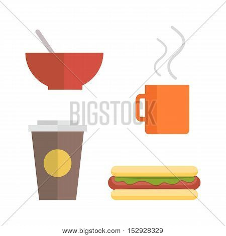 Office lunch set. Red plate, brown paper cup with coffee, hot dog, orange cup of hot drink. Food elements in flat style on white background. Fast food. Time break.