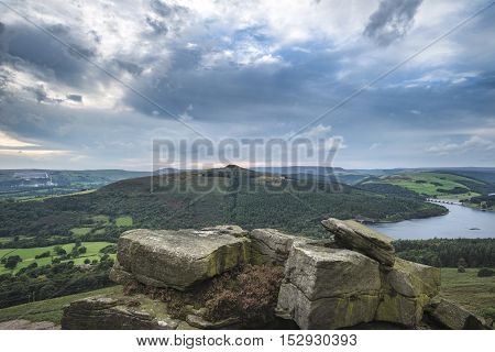 Landscape View From Bamford Edge In Peak District Towards Ladybower Reservoir And Win Hill.