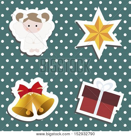 Set a festive children's Christmas stickers. New year collection of label templates and decals for decorating greeting or gift. There is an angel girl gift box bell and star . Baby vector illustration.