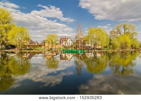 Panorama of the scenic coast at the confluence of the Trubezh river into lake Pleshcheyevo. Pereslavl-Zalessky. Russia.