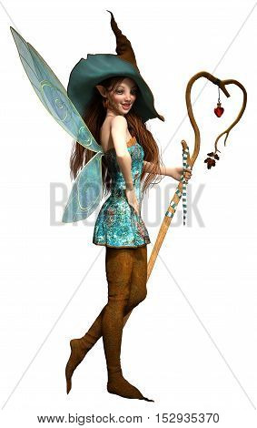 Fairy with staff and hat 3D illustration