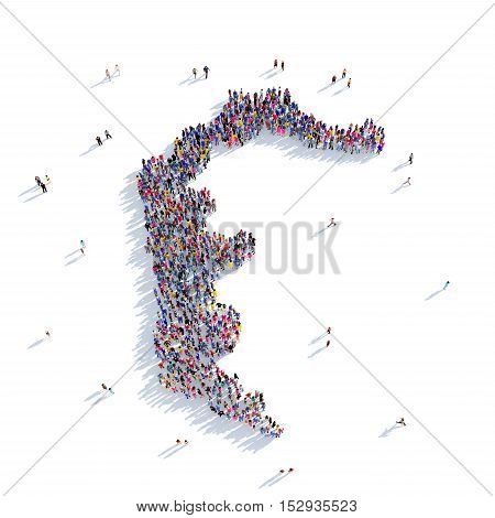 Large and creative group of people gathered together in the form of a map Azad Kashmir, a map of the world. 3D illustration, isolated against a white background. 3D-rendering.