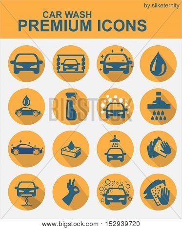 Car icon set wash blue automobile orange background