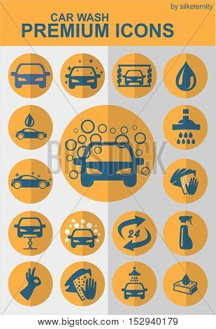Car icon set wash automobile orange background