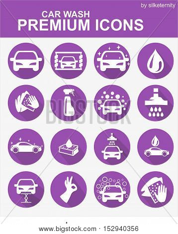 Car icon set wash automobile purple background
