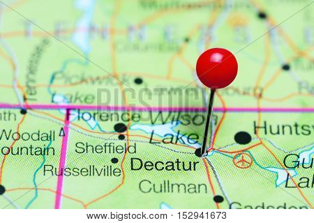 Decatur pinned on a map of Alabama, USA