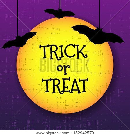 Trick or treat halloween greeting card with moon and bats. Vector illustration.