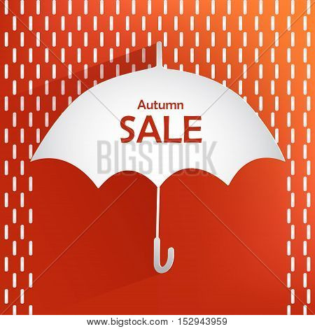 Autumn card sale. Red background with paper white umbrella and inscription autumn SALE. Vector illustration
