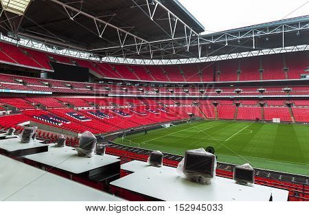 London, the UK - May 2016: view at Wembley stadium from commentators
tribune