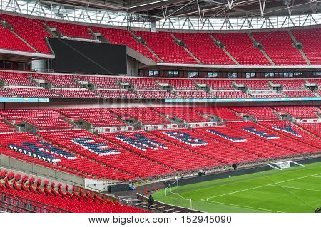 London, the UK - May 2016: at the tribunes of Wembley stadium