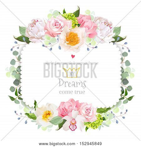 Square floral vector frame with peony wild rose carnation orchid eucaliptus and green leaves on white. White and pink flowers. Invitation card.