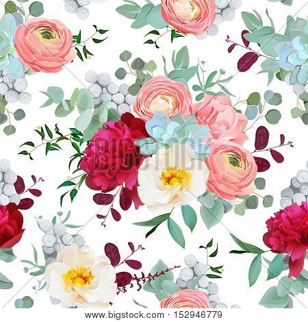 Autumn mixed bouquets of peony ranunculus succulents wild rose carnation brunia and eucaliptus leaves on the white background. Vector seamless pattern with flowers.