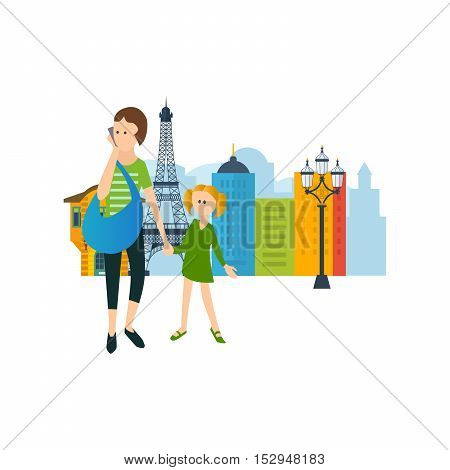 Concept of rest and walk around the city. Mother and daughter desided take a walk around the building. The vector graphics can be used for a banner, commercial information, web-design, a brochure.