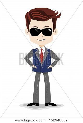 Stylish Cartoon businessman on a blue background, glasses, tie, jacket, black shoes, casual stile