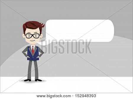 Stylish Cartoon businessman with message balloon on a grey background, glasses, tie, jacket, black shoes, casual stile. Saying word, space for text
