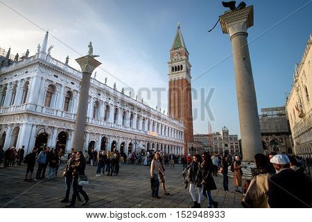 Venice Italy - October 16 2016:Tourists in Piazza San Marco in Venice the famous Italian romantic city