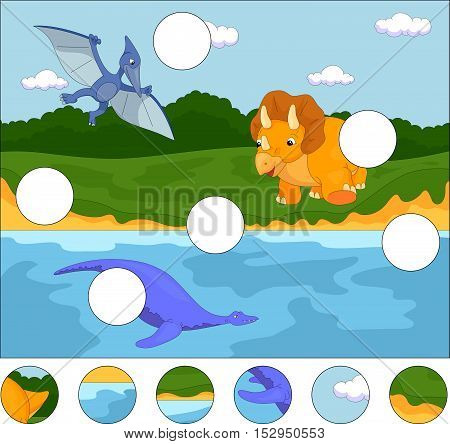 Funny Cute Pterodactyl, Pliosaur And Triceratops. Complete The Puzzle And Find The Missing Parts Of