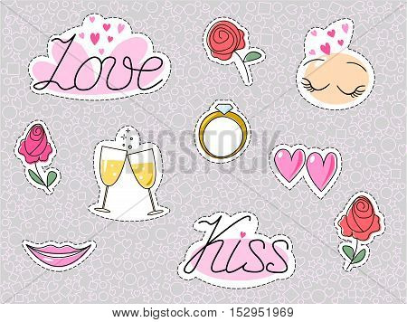 Romantic wedding stickers or patches. Love dating kiss heart and roses isolated. Vector illustration