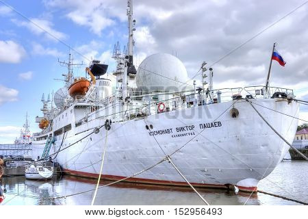 KALININGRAD RUSSIA - September 15.2008: Research marine ship Cosmonaut Viktor Patsayev on territory of the World Ocean Museum. Exhibit