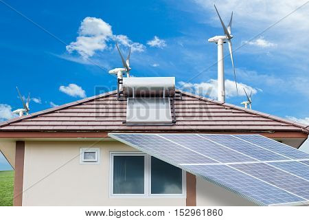 Solar panelswind turbines on green grass with blue sky backgroundnatural Energy
