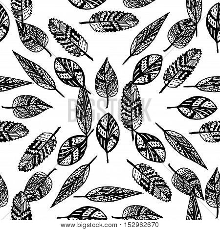 Zentangle hand drawn leaves, seamless pattern. Coloing book template.