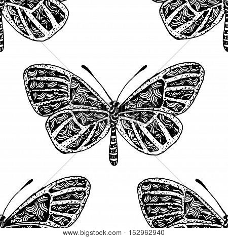 Zentangle inspired hand drawn vector butterfly, spring and summer seamless pattern. Coloring book for adult. Fashion, wrapping, wallpaper, textile natural texture. Wildlife illustration.
