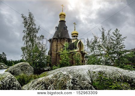 Karelia.Russia.15 Aug 2016 .View of the Church of St. Andrew on the island on the lake Vuoksa in Karelia.