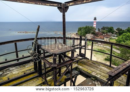 Shepelevsky Cape.Russia.27 Jun 2016.Shepelevsky lighthouse on the Gulf of Finland in Leningrad region in cloudy weather.