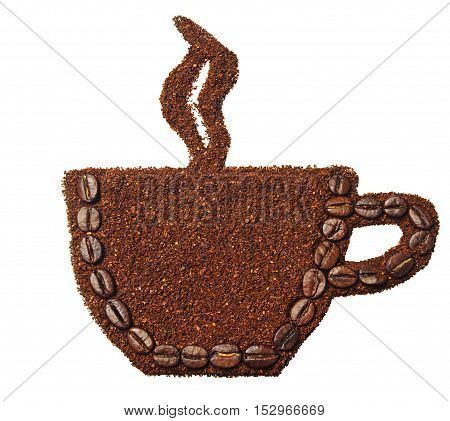 Ground coffee and coffee beans in the shape of a cup of coffee isolated on white
