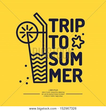 Poster text summer travel with a cocktail and a straw star linear style on a bright yellow background