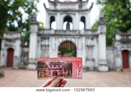 Hanoi Vietnam - September 20 2016: Close focus on ticket in front of gate of temple of literature or Van Mieu - Quoc Tu Giam the first university in Vietnam