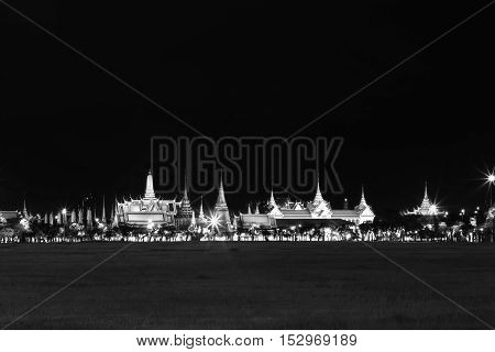 Black And White Effect Of Wat Pra Kaew Public Temple Grand Palace At Night, Bangkok Thailand