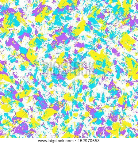 Vector grunge hand drawn seamless pattern. Pop art ink marble fabric texture. Blue purple yellow fashion abstract background.