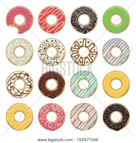 vector flat icons of glazed colorful donuts on white background one donut is bitten