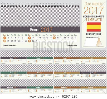 Useful desk triangle calendar 2017 template, ready for printing. Size: 220mm x 120mm. Format horizontal. Spanish version