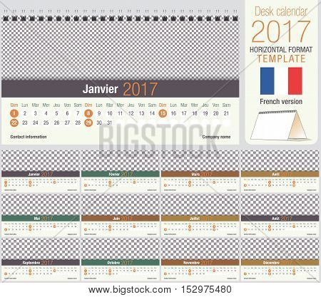 Useful desk triangle calendar 2017 template, ready for printing. Size: 220mm x 120mm. Format horizontal. French version