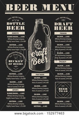 Beer menu placemat food restaurant brochure; template design. Vintage creative alcohol flyer with hand-drawn graphic.