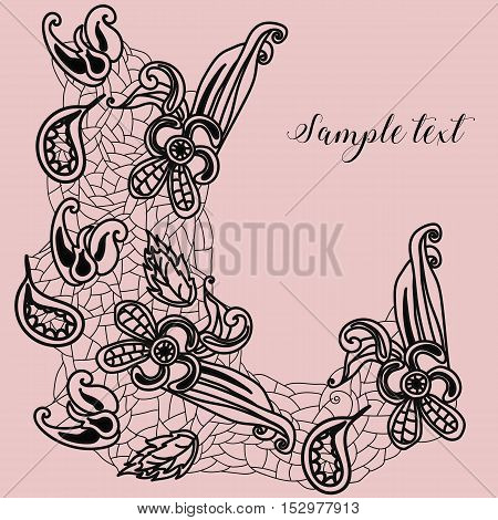Lace elements on a rosy background. Flowers and leaves elements