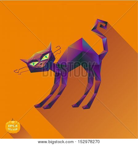 Halloween cat on an orange background. Flat polygonal style.vector eps8.