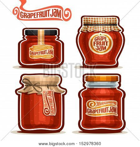 Vector logo Grapefruit Jam in glass Jars with paper lid, rustic Pot home made grapefruit zest jams, twine rope bow, homemade fruit jam jar, jelly pot with label, checkered cloth cap, isolated on white