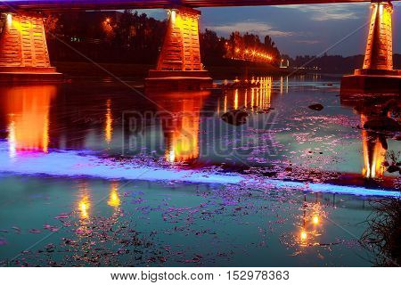 Bridge Night City Reflected In Water Uzhorod