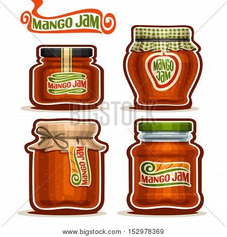 Vector logo Mango Jam in glass Jars with paper cover lid, rustic Pot home made mango jams, twine rope bow, set homemade fruit jam jar, farm jelly pot with label, checkered cloth cap, isolated on white
