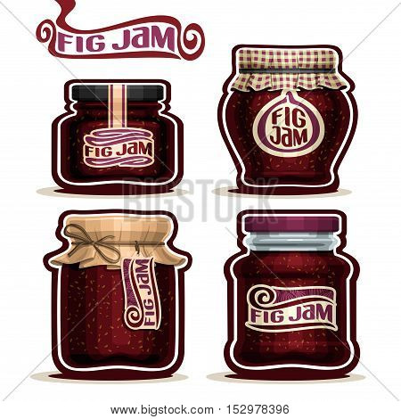 Vector logo Fig Jam in glass Jars with paper cover lid, purple Pot home made fig seed jams, twine rope bow, set homemade fruit jam jar, farm jelly pot with label, checked cloth cap, isolated on white