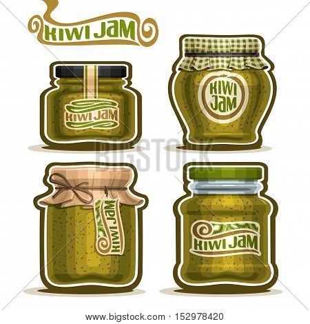 Vector logo Kiwi Jam in glass Jars with paper cover lid, green Pot home made kiwi jams, twine rope bow, set homemade fruit jam jar, farm jelly pot with label, checkered cloth cap, isolated on white.